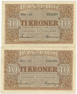 10 kroner 1944 AB samt 10 kroner 1944 AU. (2)