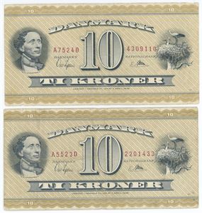 10 kroner 1952 A5 samt 1952 10 kroner A7, Ove Jepsen / Riim