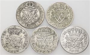 12 skilling, 5 stk., alle forskellige. (5)