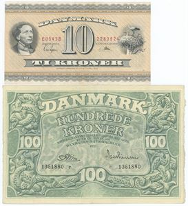 10 kroner 1954 C0; 100 kroner 1957 r. (2)