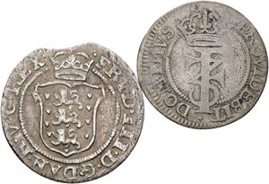 2 skilling 1665 samt 4 skilling 1669. (2)