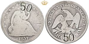 Half Dollar 1857, marked "50" on both sides