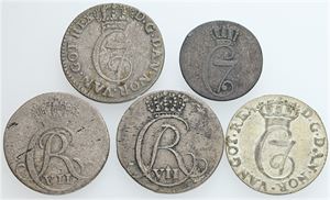 Samling 1- og 2 skillinger. (5)
