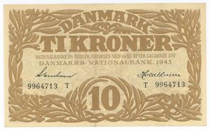 10 kroner 1943 T, nr. 9964713, Svendsen / Holdthusen