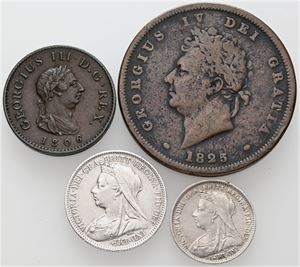 Farthing 1806, Penny 1825, Threepence 1898, Sixpence 1899. (4)