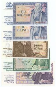 10-, (2) , 50-, 100-, 1000 krónur u. år. (5)