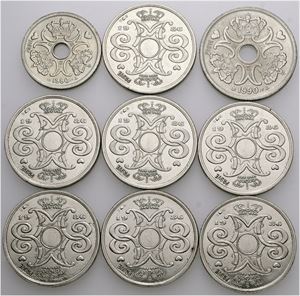 2 kroner 1986, prøvemønter, komplet, samt 1 og 2 kroner 1990. (9)