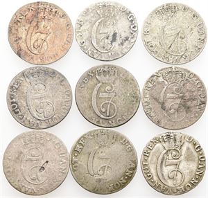 Samling 2 skilling, alle forskellige. (9)