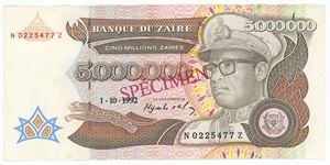 5,000,000 Zaïres 1992, no. N 0225477 Z, specimen.