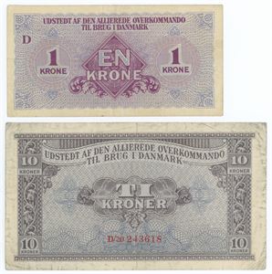 1 krone, 10 kroner (1945). (2)