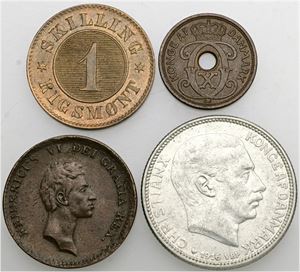 Rigsbankskilling 1813; skilling 1860; 1 øre 1927 N; 1 krone 1916. (4)