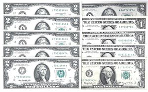 Collection 1- & 2 Dollar notes. (10)