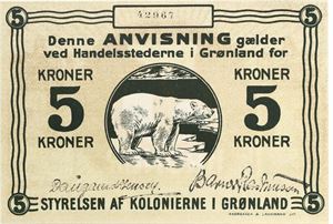 Styrelsen af Kolonierne i Grønland, 1913–1926, 5 kr ND (1913)