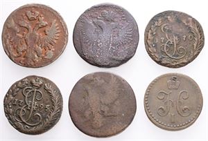 Denga (1/2 Kopeck) 1746, 1753, 1761, 1770, 1795, 1840. (6)