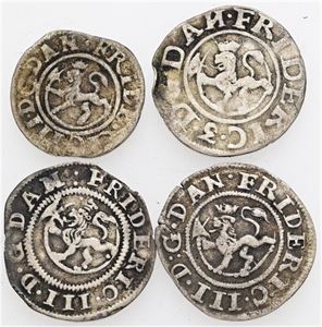 Skilling 1666, 2 skilling 1664, 1666, 1669. (4)