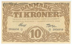 10 kroner 1928 Q, nr. 2956050, V. Lange / Boye