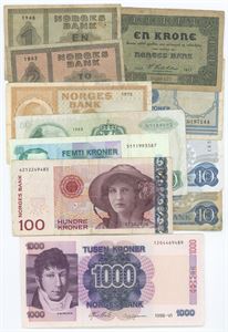 Samling pengesedler inkl. 1000 kroner 1998. (11)
