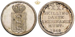 20 skilling 1848, glat rand - smukt eksemplar