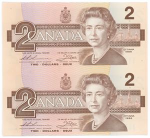 Uncut pair of 2 Dollars 1986
