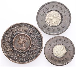 Model coins / tokens, 1/2 Penny, Penny and Crown. (3)