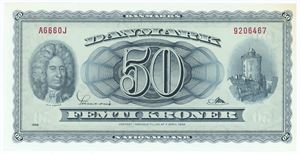 50 kroner 1966 A6 0J, erstatningsseddel, nr. 9206467, Sunesen / Riim