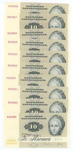 10 kroner 1977 B7, 10 stk. med fortløbende numre. (10)
