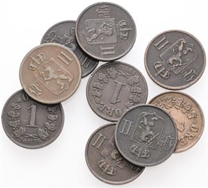 1 øre 1876, 1878, 1884, 1889, 1891, 1893, 1897, 1899, 1902. (9)