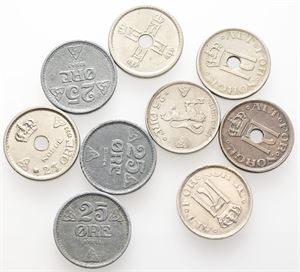 25 øre 1921, 1921, 1922, 1923, 1939, 1940, 1943, 1944, 1945. (9)