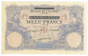 1000 Francs ND (1942-1943), overprinted