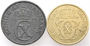 5 øre 1945; 1 krone 1924. (2)