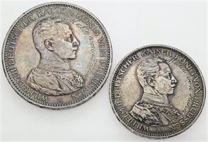 3 Mark 1914 A; 5 Mark 1914 A - "Matte von Hahn". (2)