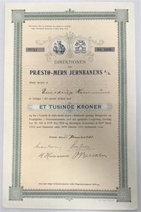 Præstø-Mern Jernbanens A/S - 1921 - Aktiebrev - 1000kr.