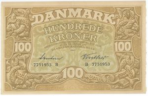 100 kroner 1943 B, nr. 7751953, Svendsen / Vinther