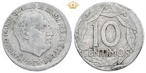 10 Centimos 1959 - error coin, struck slightly off-centre