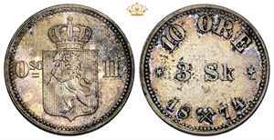 10 øre / 3 skilling 1874 - medaljeprægskarakter på forsiden