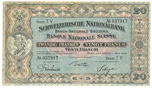 20 Franken / Francs, Bern / Zürich, 1. May 1923, 7 Y