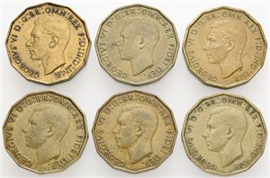Threepence 1946, 1949 as well as 4 others. (6)