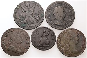 Collection incl. Ireland Halfpenny 1791 and Edinburgh, Halfpenny token 1792. (5)
