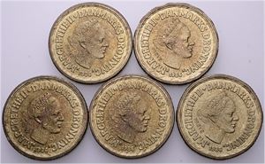 20 kroner 1986, prøvemønter, komplet. (5)