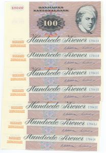 100 kroner 1984 C7, 7 stk. med nært på hinanden følgende numre. (7)