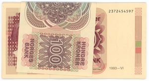 100 kroner 1993, 10 stk., nr. 2372454588 - 2372454597. (10)