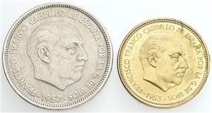 50 Pesetas 1957 BA; 2 1/2 Pesetas 1953 (1970). (2)