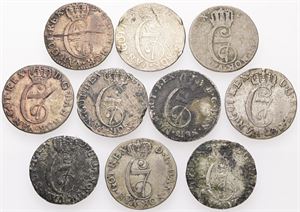 Samling 2 skilling, alle forskellige. (10)