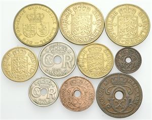 1-25 øre 1941; 50 øre 1926 (2); 1 krone 1926 (2), 1957. (10)