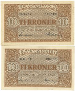 10 kroner 1944 AE samt 10 kroner 1944 NV. (2)