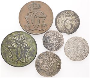 Lille samling skillingsmønter, Danmark, Norge, Sverige. (6)