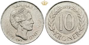 10 kroner 1979 - fejlmønt, præget på tynd blanket