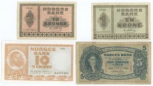 1 krone 1948, 2 kroner 1948, 5 kroner 1935, 10 kroner 1971. (4)