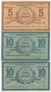 5 kroner 1932, 10 kroner 1931, 1932, Andelskassen for Haslev & Omegn. (3)