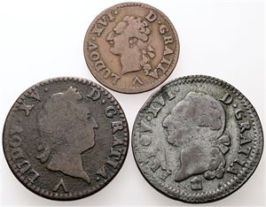 1 Sol 1774, Liard 1778, 1 Sol 1783. (3)
